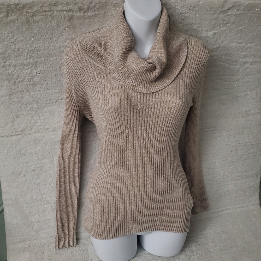 It's Our Time Beige Ribbed Cowl Neck Sweater